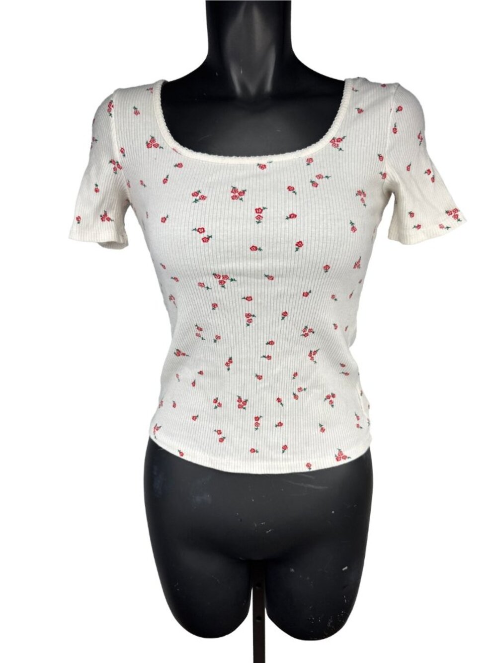 CAMAIEU White Floral Ribbed Cotton Stretch Tee Size S